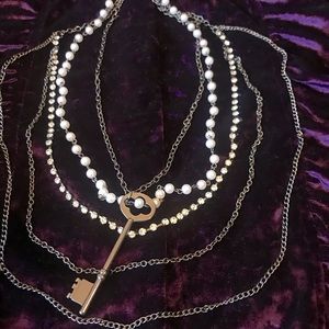 Long Layered Necklace with Pearl, Rhinestone, and Key Detail